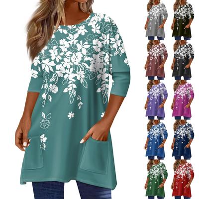 Dámske topy s 3/4 rukávmi a vreckom T-shirt ležérna potlač Stredne dlhé topy Tričko Okrúhly výstrih Pulóver Blúzka