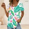 Women Plus Size U Neck Short Sleeve White Black Tropical Leaf Printed T Shirt
