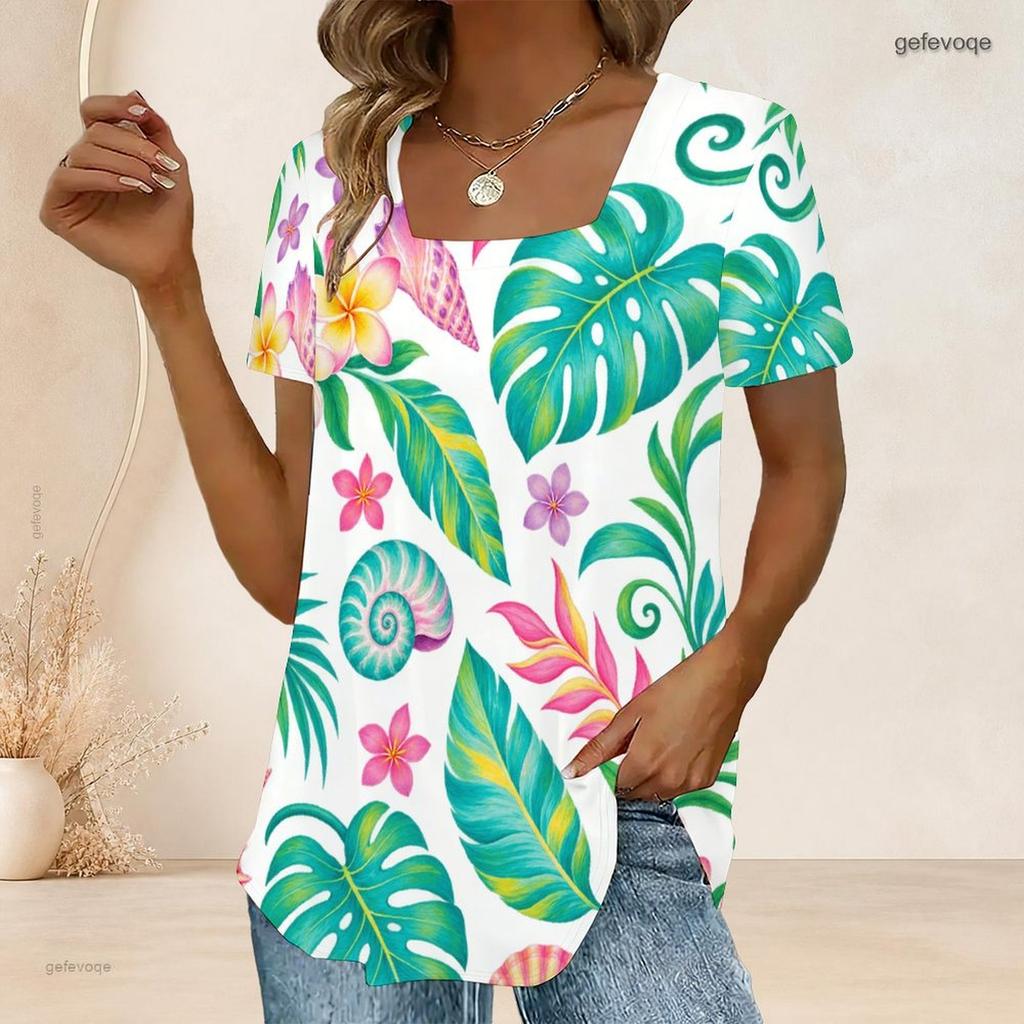 Women Plus Size U Neck Short Sleeve White Black Tropical Leaf Printed T Shirt