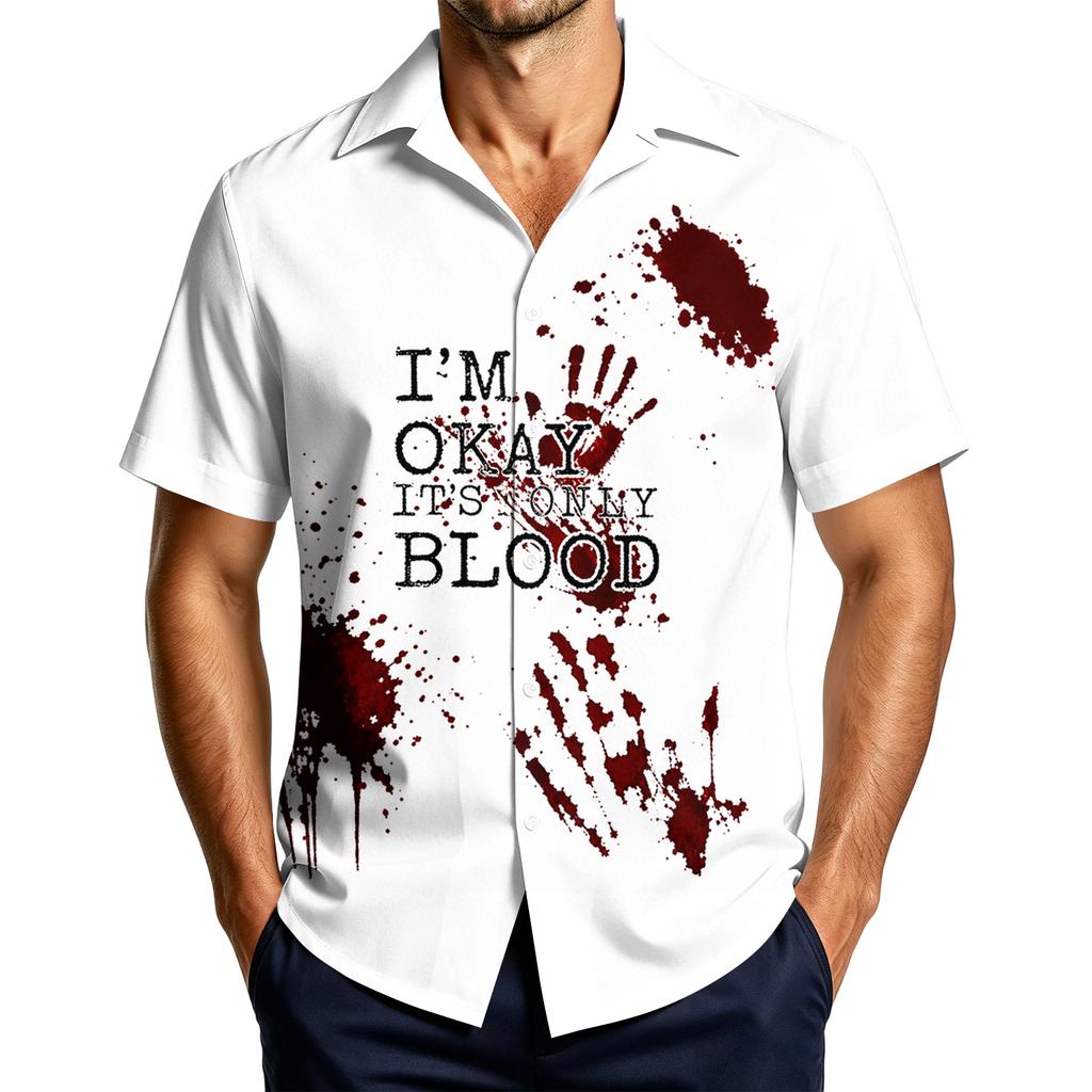 Men's Casual Short Sleeve Halloween Print Button Down Shirt