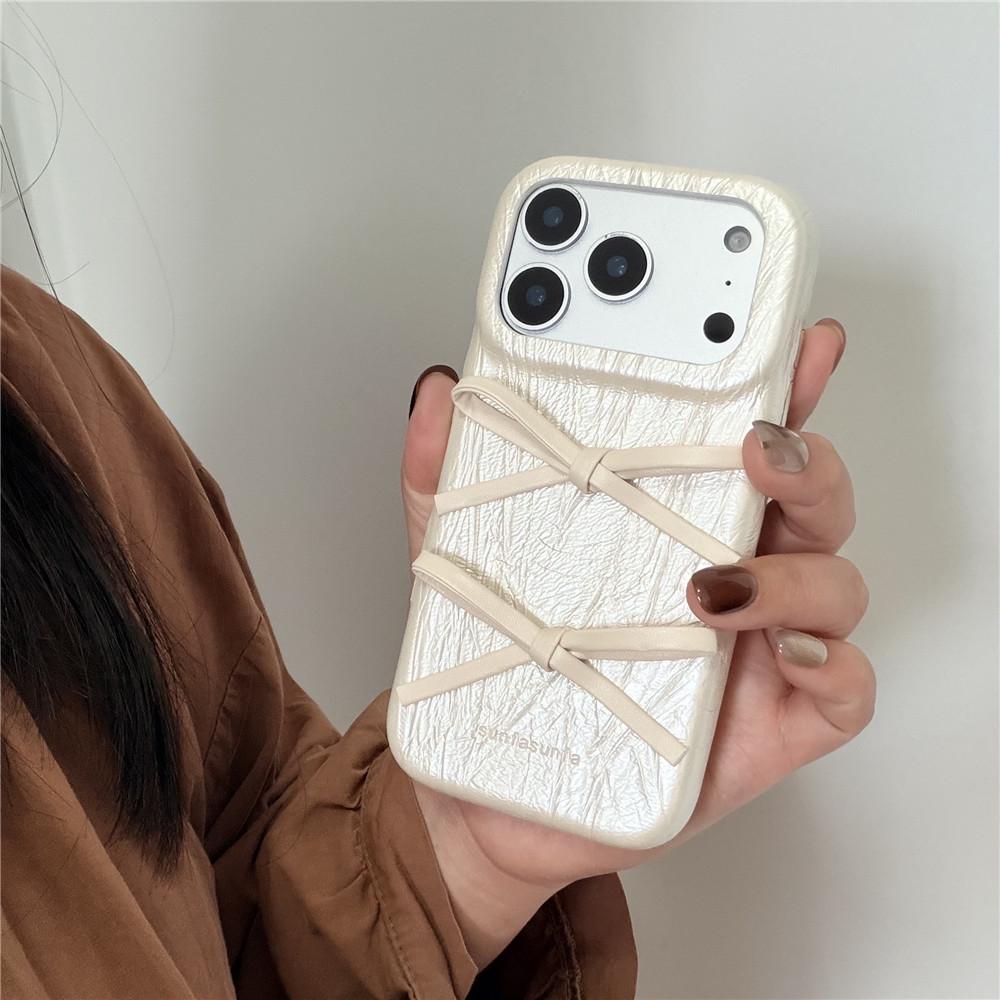 

Women s Pearlescent White Bow Leather iPhone Case for 14/13/16 Pro Max/17 Pro iPhone 14 Pro Max