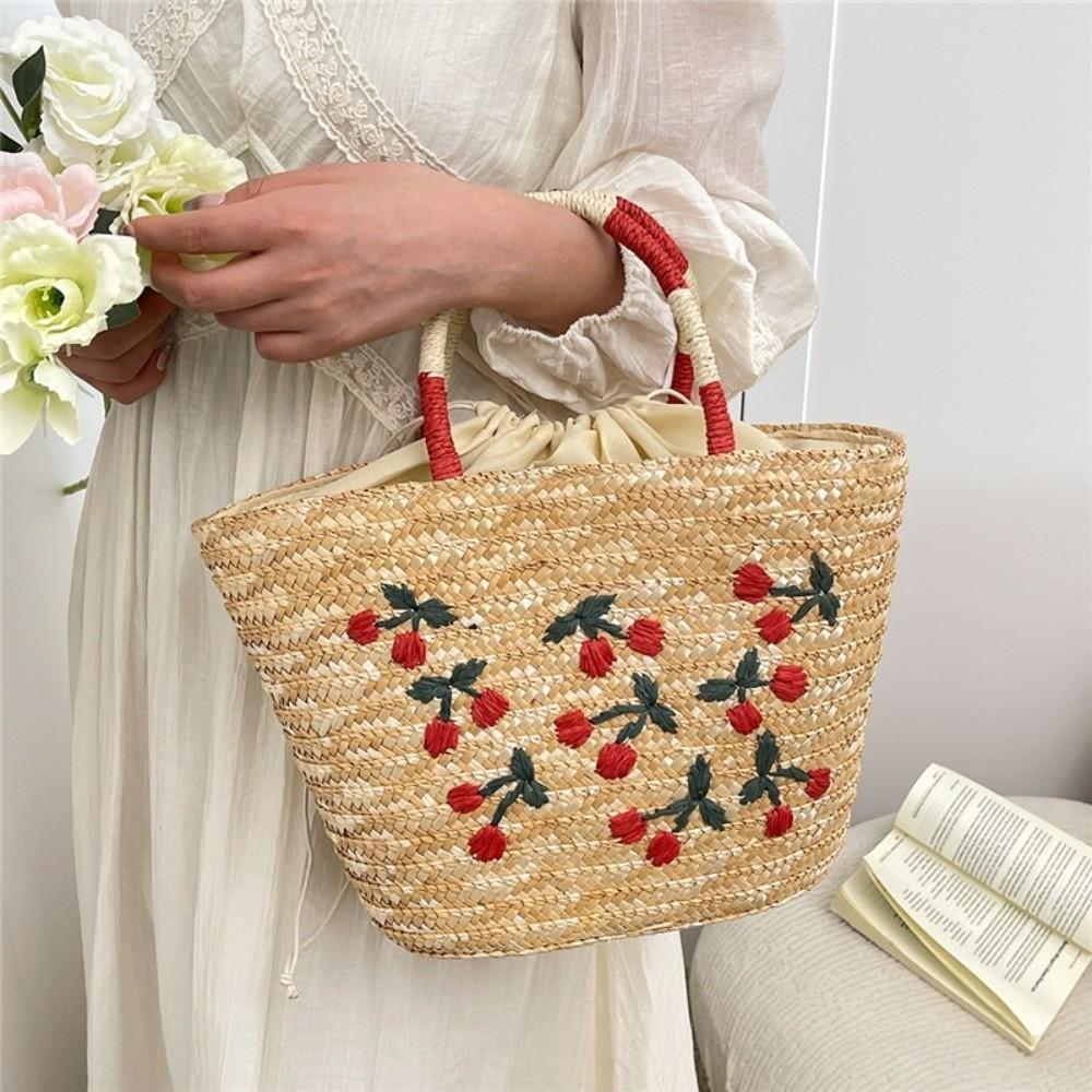 Embroidery String Straw Tote Bags Coconut Tree Design Sweet Casual Woven Handbags Bohemian Style New Design