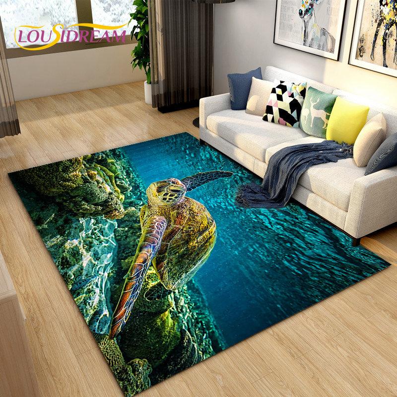 3D Underwater World Sea Turtle Dolphin Area Rug Large,Carpet Rug for Living Room Bedroom Sofa Doormat Kitchen,Non-slip Floor Mat