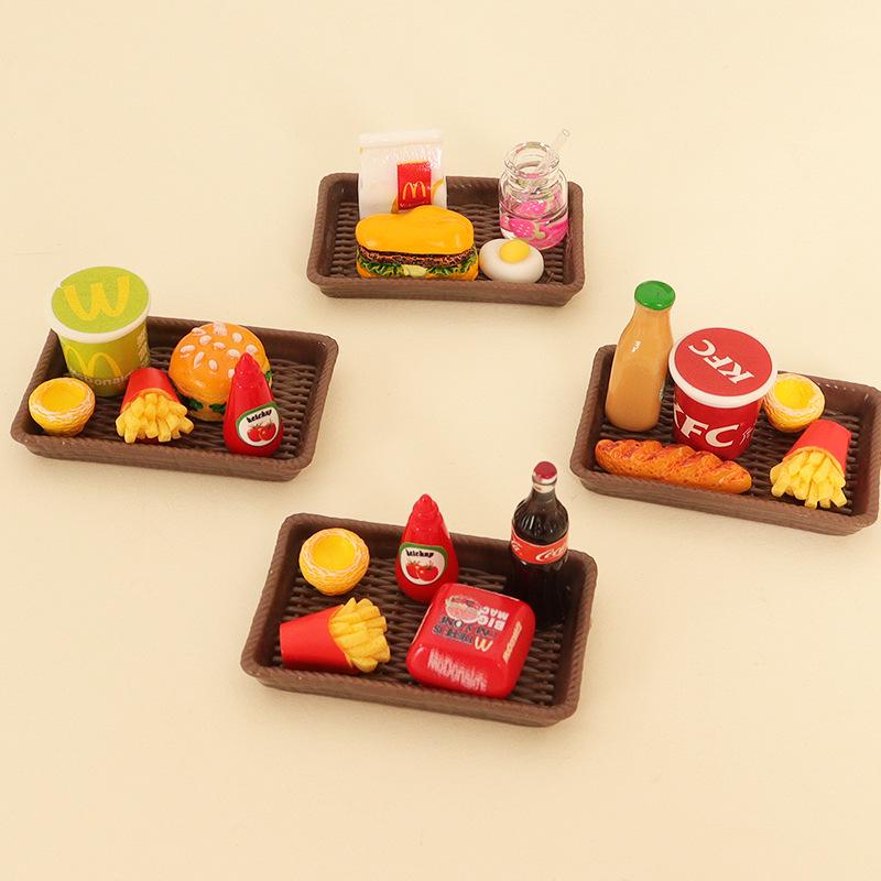 Miniature Dollhouse Food Set: Burger, Cola, Fries, Egg Tart & Plate