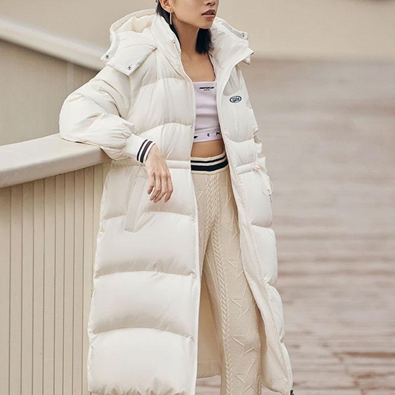 Li Ning Sports Lifestyle Series Solid Color Loose Long Down Jacket Women Outerwear Off-White AYMT370-1