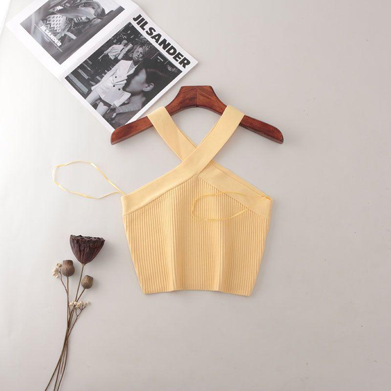American Fashion Brand Cross Hanging Neck Cami Summer Rib Solid Sexy Short Knitted Top Women