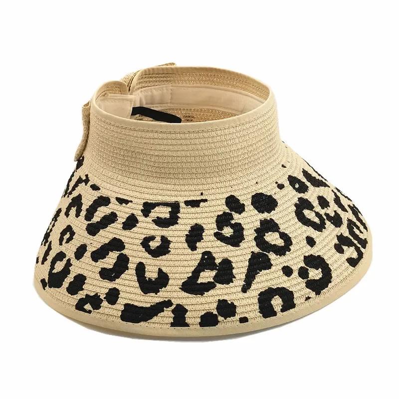 Women Leopard Print Sun Hat Summer Trendy Chic Bow Foldable Wide Brim Straw Cap For Beach Holiday