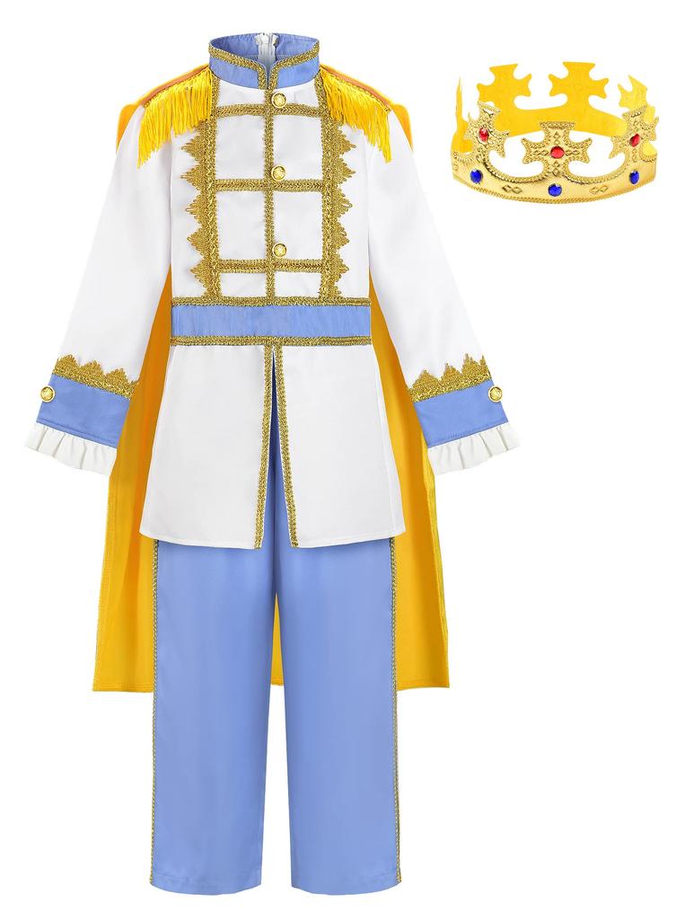 [ReliBeauty] Prince Cosplay Costume for Kids, Halloween Costume, Boys, Girls, Kids Costume, Christmas, Party, Recital, Cape, Crown Set, White, 110