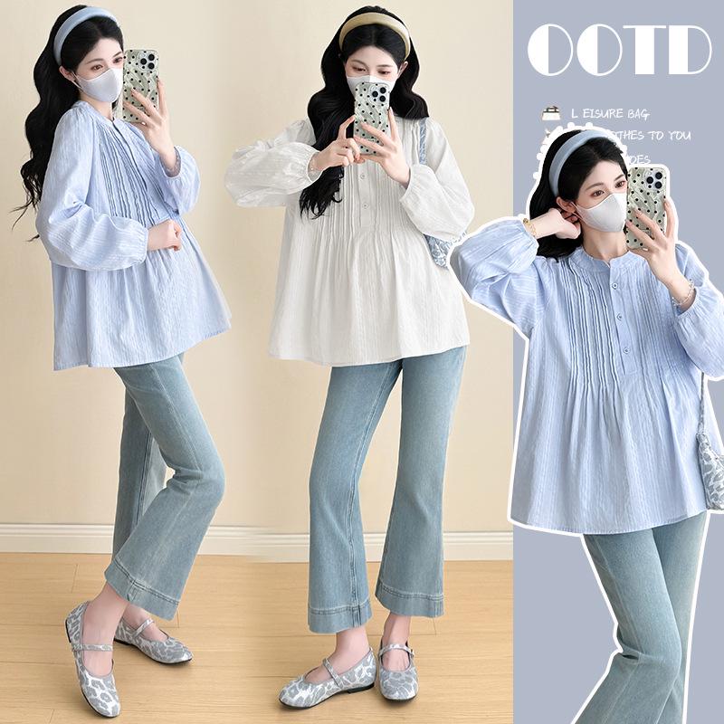 Spring 2026 Korean Jacquard Pleated Long Sleeve Maternity Shirt M