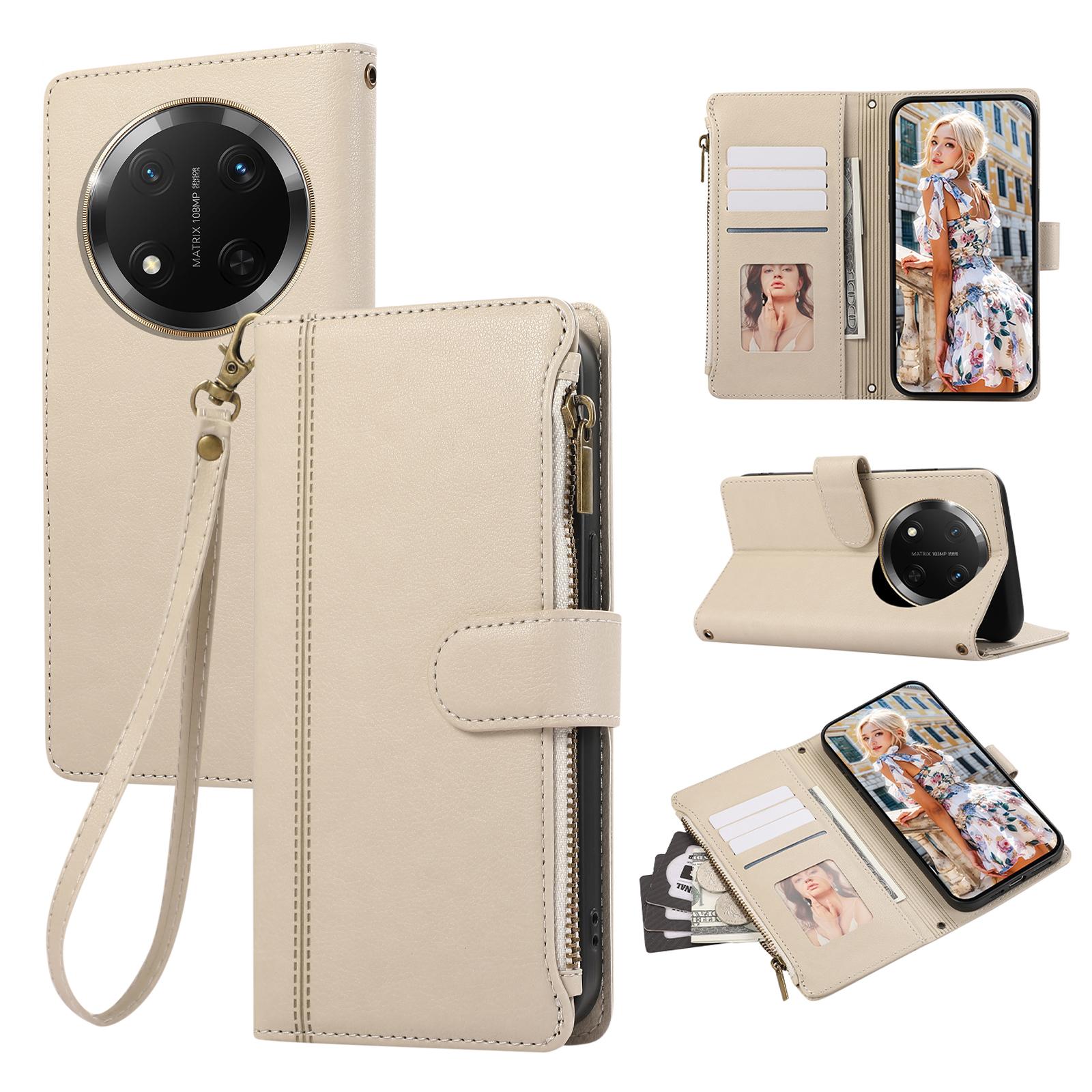 

For Honor X60 Pro 5G/X9c 5G/Magic7 Lite 5G Case Multi Card Slots Zipper Leather Phone Cover with Wrist Strap C