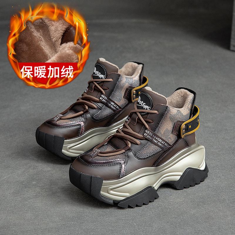 

Fashion 7CM Ankle Boots Genuine Leather Platform Autumn Winter Mid Calf Mixed Color Women Ethnic Fashion Lady Chunky Heels Shoes 35 коричневый