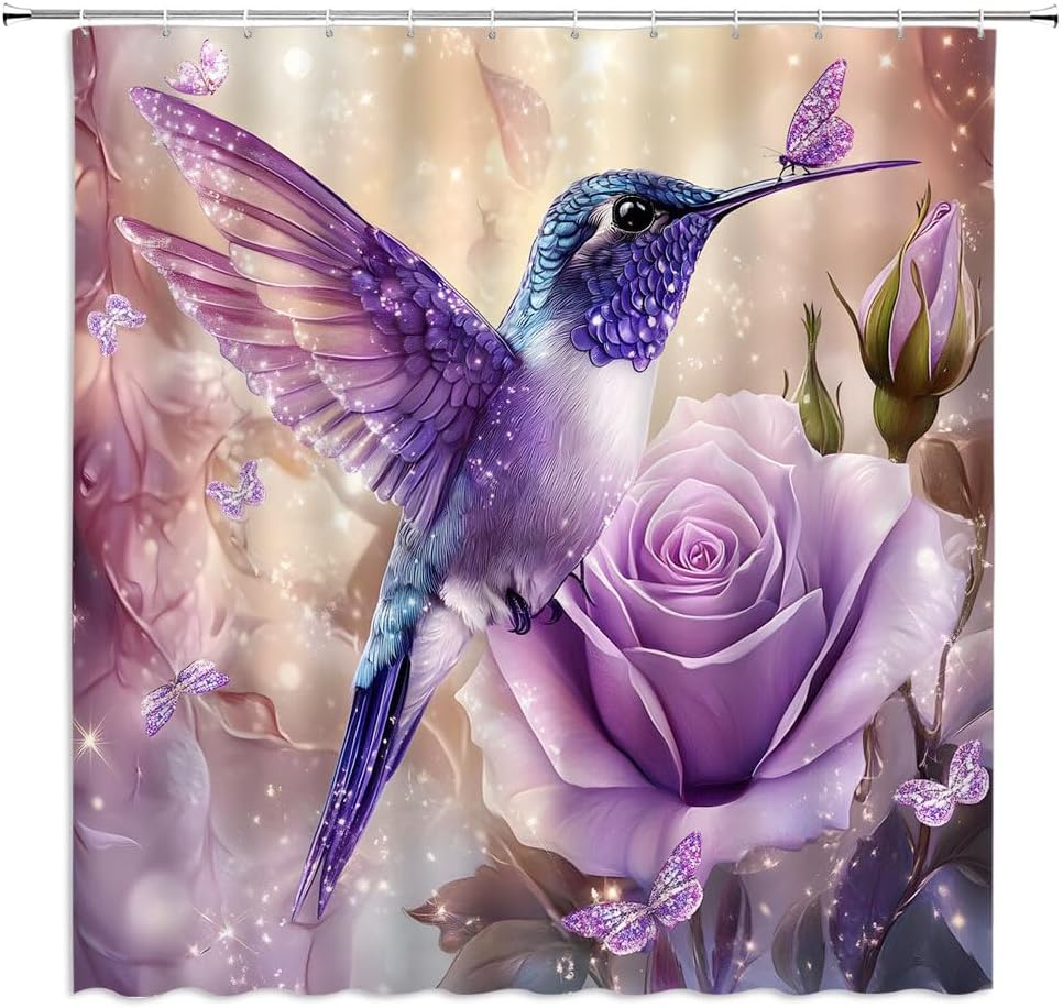 Hummingbird Floral Fantasy Shower Curtain Purple Spring Floral Bird Butterfly Rose Flowers Charming Elegant Women Girl Bathroom
