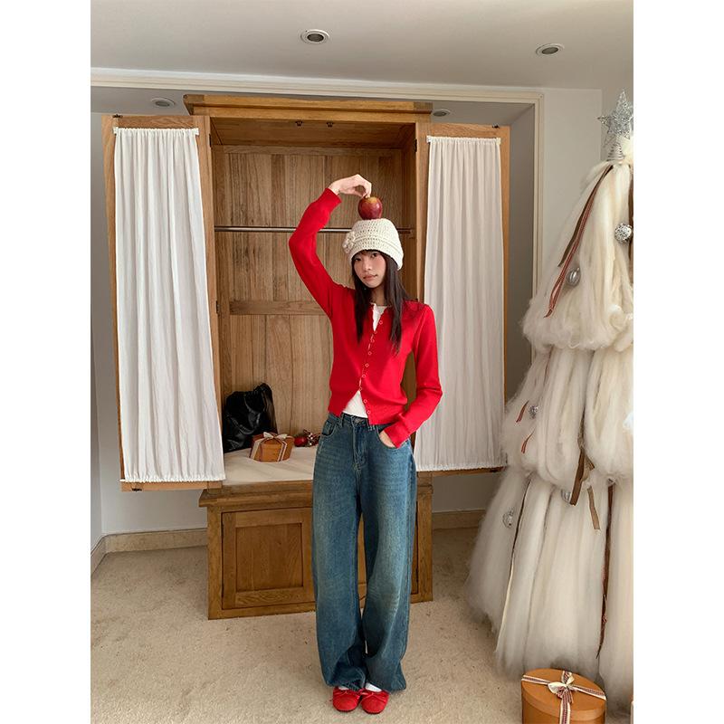 Christmas Red Fake Two-piece Bottoming Knitted Cardigan Long-sleeved Women's Autumn and Winter with Sweet Babes Stacked On Crew Neck Jacket 