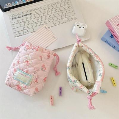 Bolsa de Almacenamiento Floral Estilo Ins Bolsillo con Cordón de Algodón Suave Anticaída Bolsa de Cosméticos Almacenamiento para Artículos Varios Bolsa para Cámara
