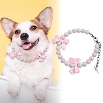 Pet Necklace Collar for Dog Cat Adjustable Pink Bow Jewelry Female Puppy Collar with Artificial Pearl Decoration Pet Puppy Jewelry