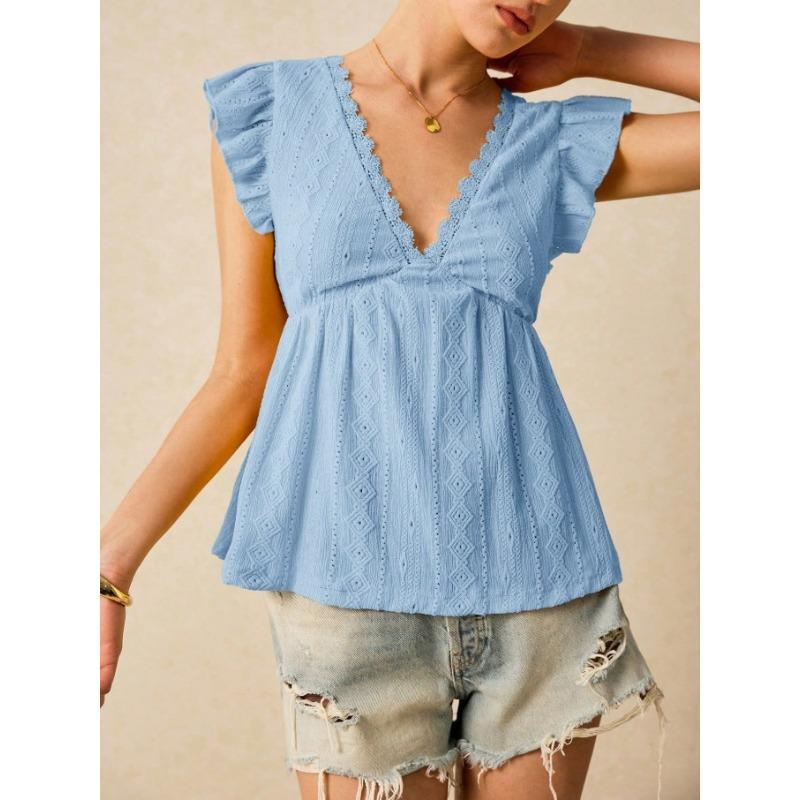 V Neck Lace Short Sleeve Hollow Out Sweet Blouse Women Fashion Summer Solid Color Shirts Ladies Loose Slim Fit Tops Elegant Clothing