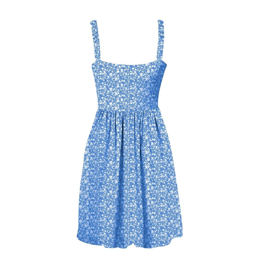 Damen Sommer Casual Square Neck Kleid mit Taschen Süßes ärmelloses A-Linien-Westen-Midikleid mit hoher Taille