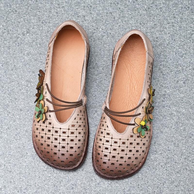 Johnature Flat Sandals Genuine Leather Hollow-out Breathable Retro Soft Soled Women's Shoes