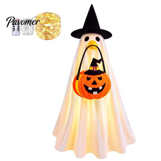Easy to Wear Halloween Set Glowing Ghost Costume with Witch Hat & Pumpkin Tote Bag, LED Reusable Festival Clothing Light Up Fabric Outfit for