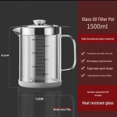 ZISIZ 1500ML Glass Oil Storage Pot with Stainless Steel Filter