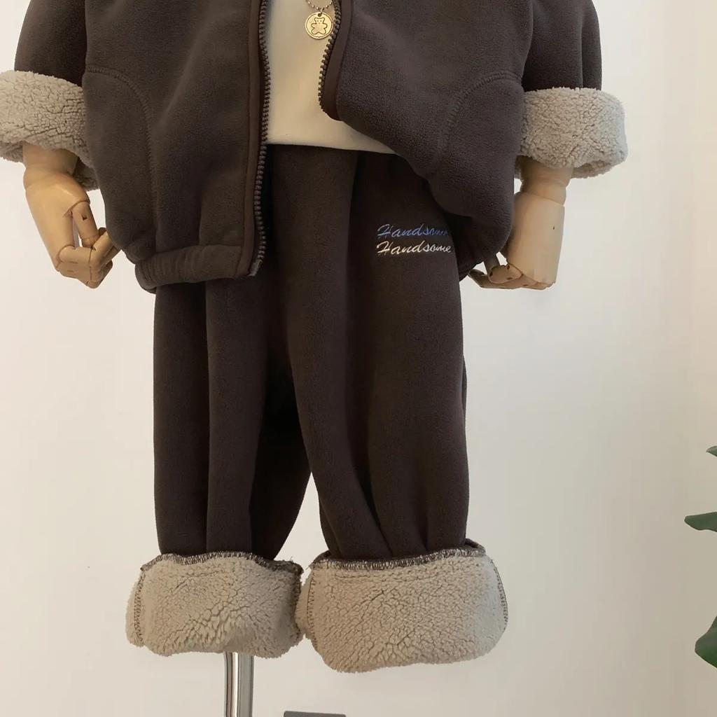 Boys Plus Velvet Thick Jacket Winter Children's Clothing Polar Fleece Children's Baby Warm Jacket Trousers Two-piece Suit
