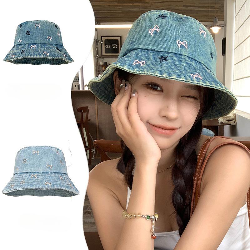 Summer Versatile Bow Embroidery Retro Old Cowboy Fisherman Hat Women Sun Protection Sun Protection Showing Face Small Basin Hat