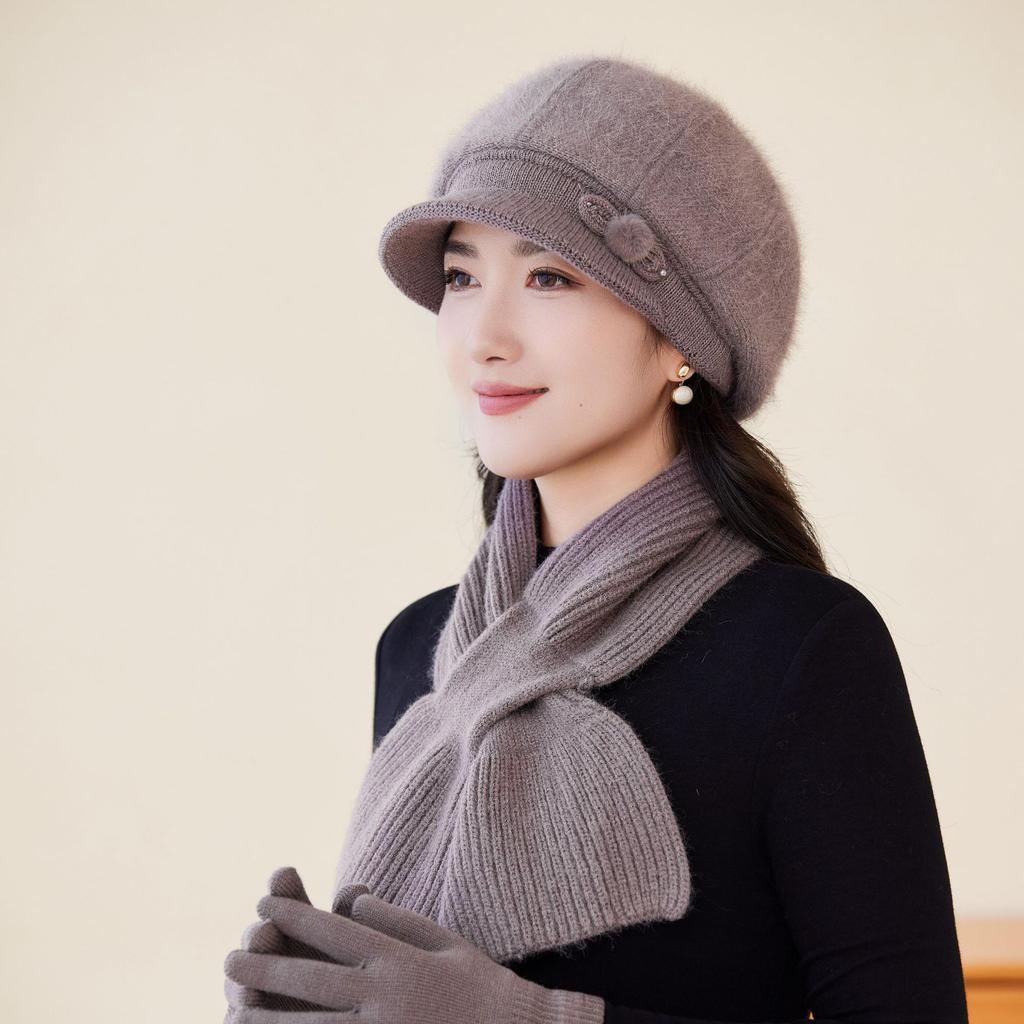 New Rabbit Fur Hat for Women Fashionable and Versatile Woolen Hat Cold Proof Plus Velvet Thickened Warm and Ear Protecting Knitted Hat