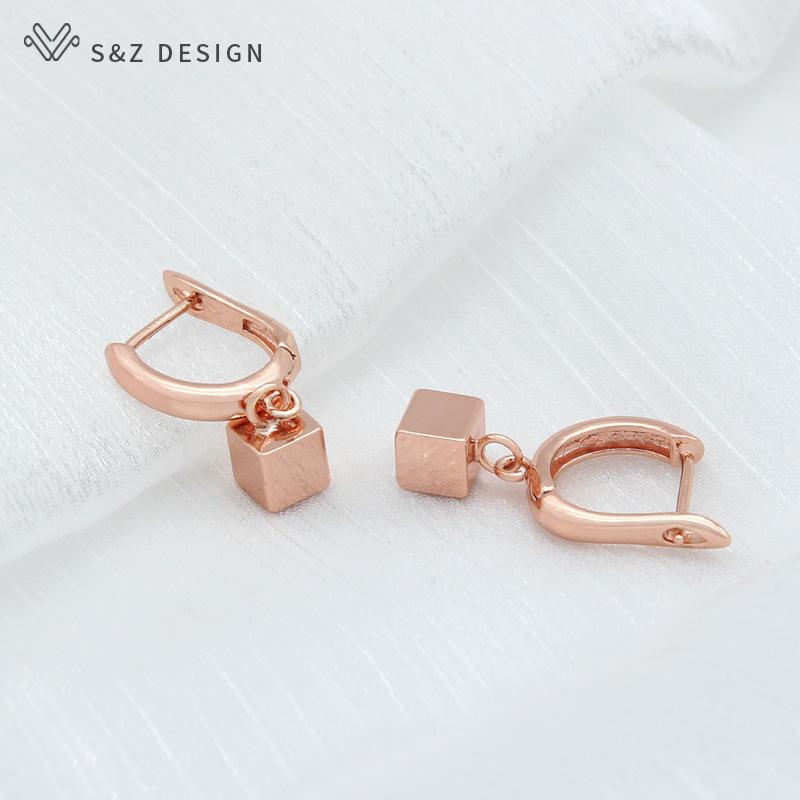 Fashion Simple Rose Gold Color Smooth Cubic Metal Drop Earrings Jewelry Sets For Women Girls Daily Pendant Necklace