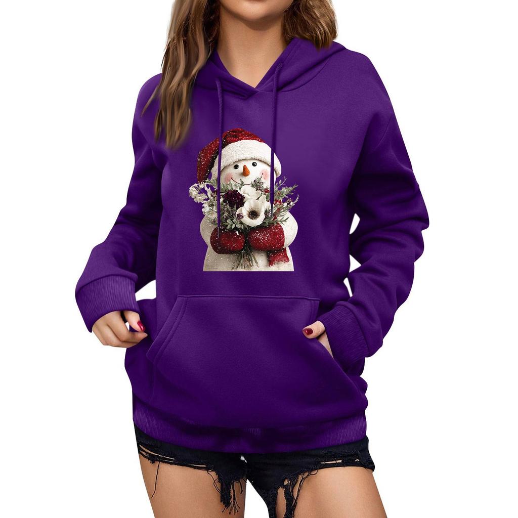 Women's Winter Christmas Printed Pullover Hooded Sweatshirt Fleece Long Sleeve Sweatshirt