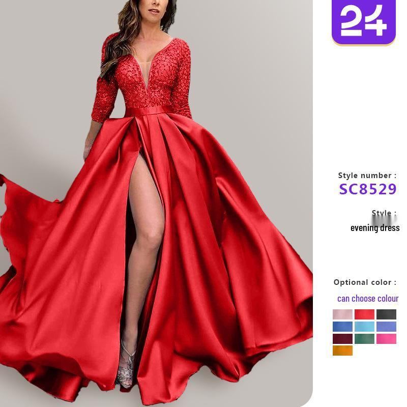 2025 Spring/Summer Women's European and American Lace Sequin Evening Gown with Train