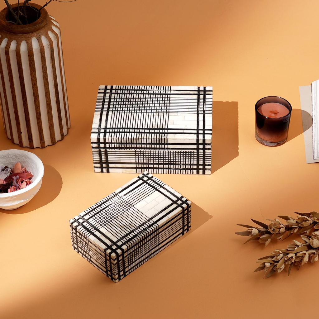 Plaid Bone Inlay Box Set of 2 – Handcrafted Decorative Storage Boxes