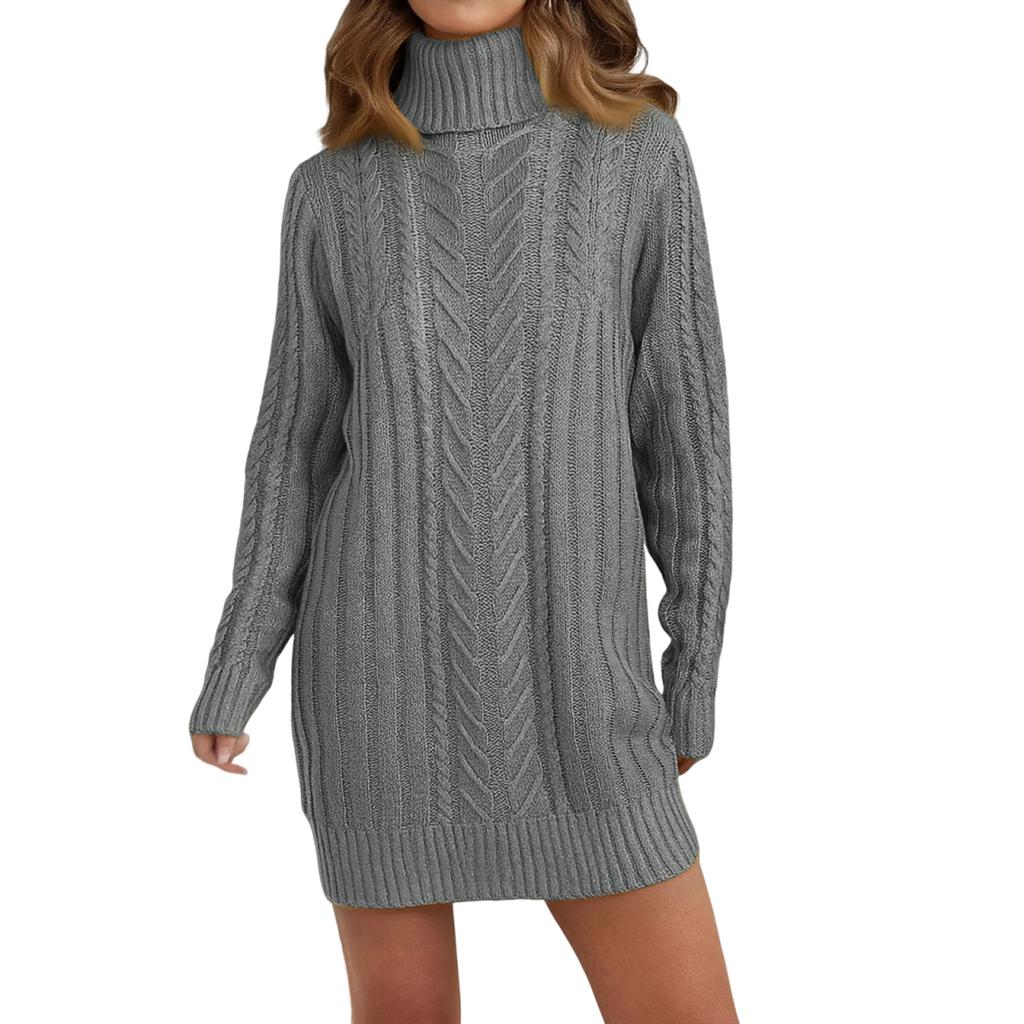 Women's Fall And Winter Knitted Long-Sleeve Turtleneck Cable-Knit Slim-Fit Sweater Dress