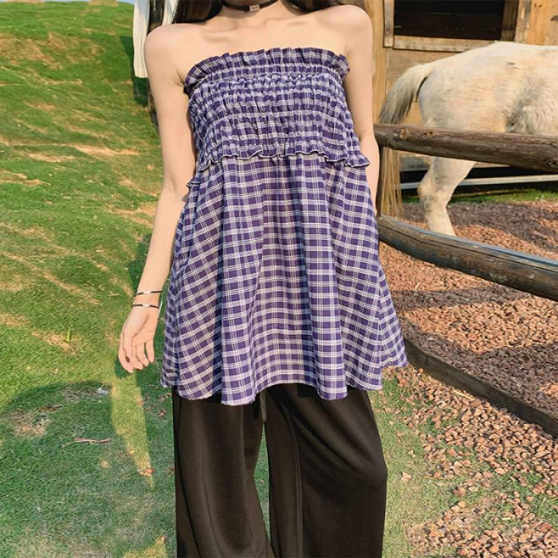 

Blue Plaid A-line Half-Skirt Strapless Vest Summer Dress L