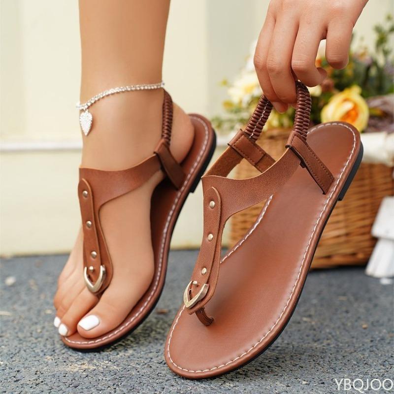 Fashion Roman Sandals for Women Summer New Style with Elastic Strap Flat Bottom T-shaped Design Featuring Clipped Toe Beach Women's Shoe