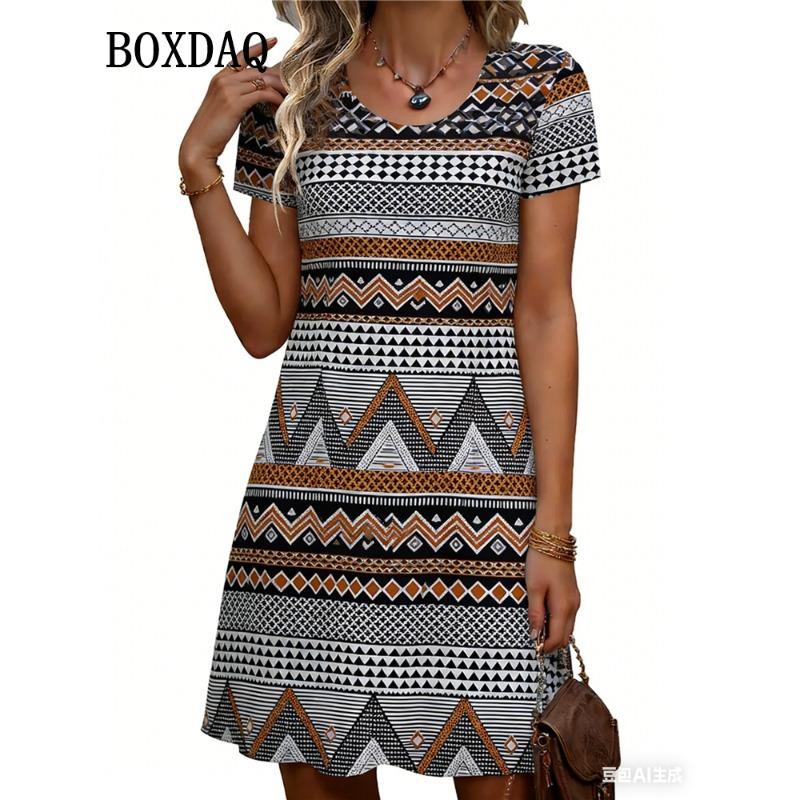 Elegant Fashion Short Sleeve Dress Summer Women's Ethnic Style Geometry 3D Print A-Line Dress For Women Casual Clothing