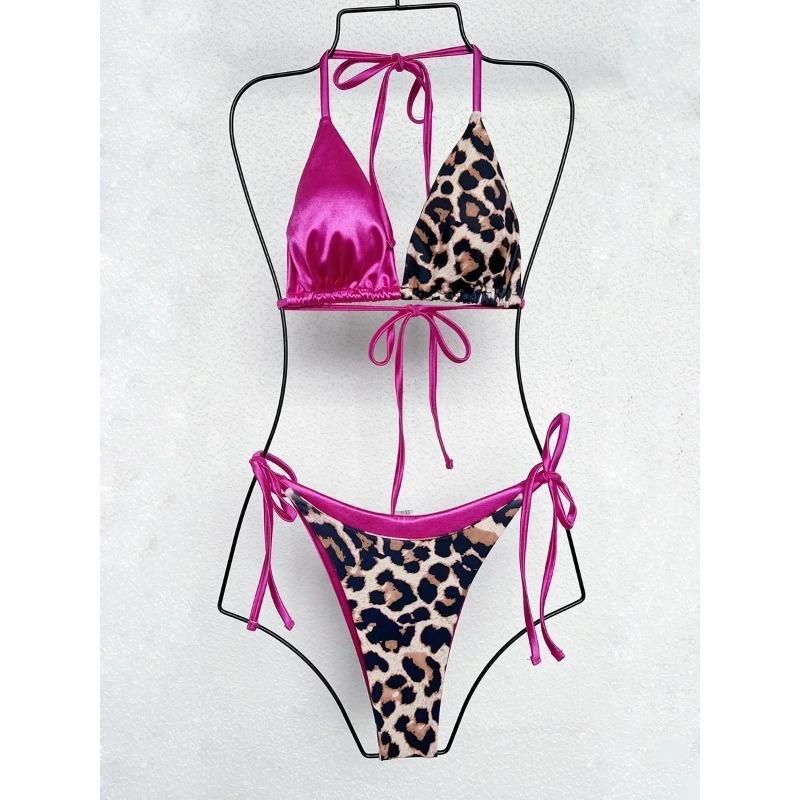 

Бикини с леопардовым принтом и бретельками через шею 2025 года, мини-микробикини, женский купальник, женский купальник, комплект бикини из двух частей, купальный костюм, плавание L