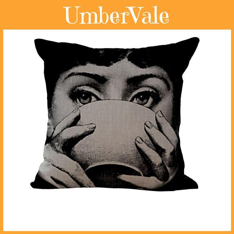 Prémiový lněný vintage povlak na polštář Piero Fornasetti s uměleckým vzorem obličeje