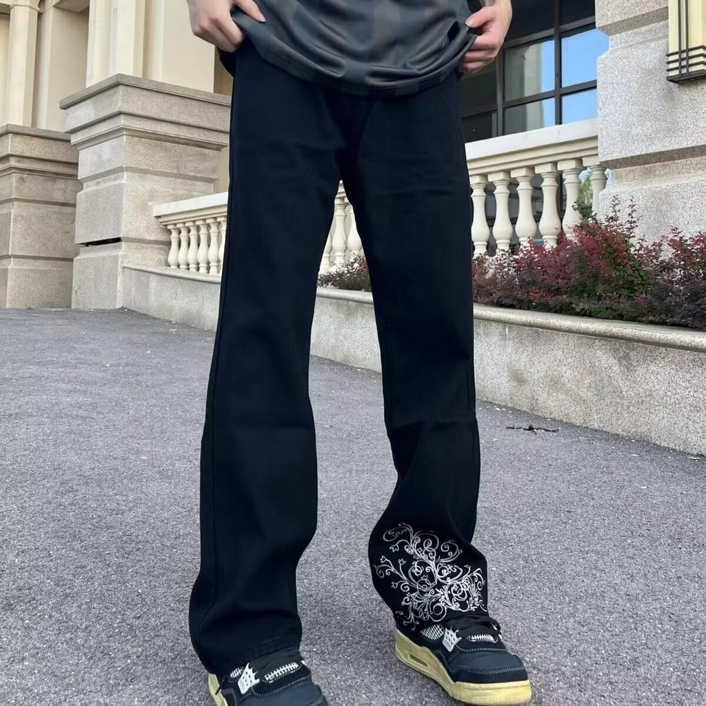 American high street black micro-pull jeans men's new Chinese embroidered straight-leg pants trendy brand silhouette flared pants