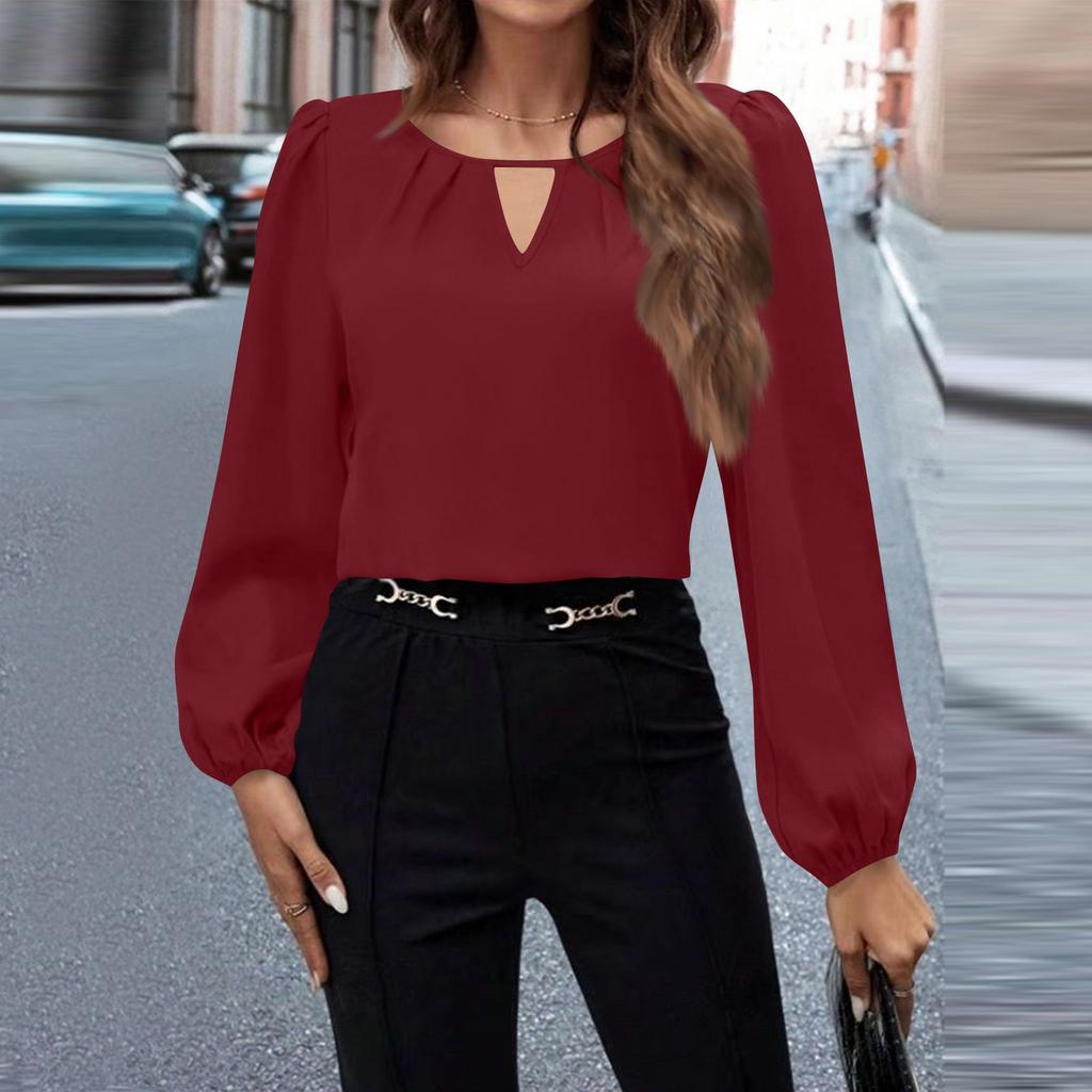 Women's Fashion Casual Solid Color Satin Shirt Casual Pleated Long Sleeve Top