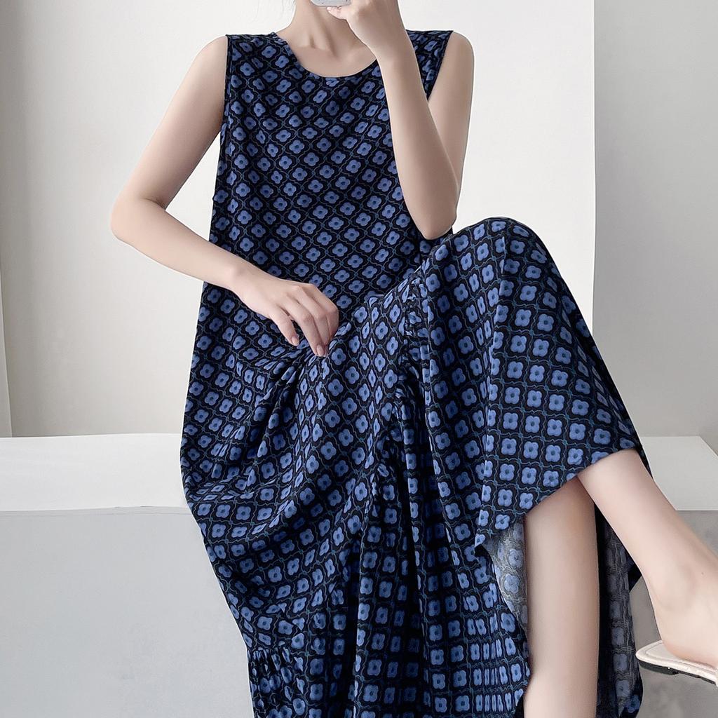 Robe de nuit sans manches en coton et soie pour femme, été, idyllique, ample, grande taille, peut être portée dehors, jupe fishtail en coton artificiel à fleurs
