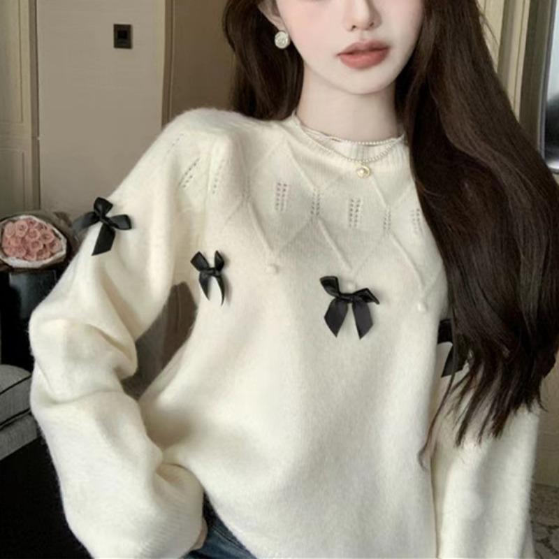 Autumn and winter tops, bow sweaters, round necks, chic women's small knitted bottoms