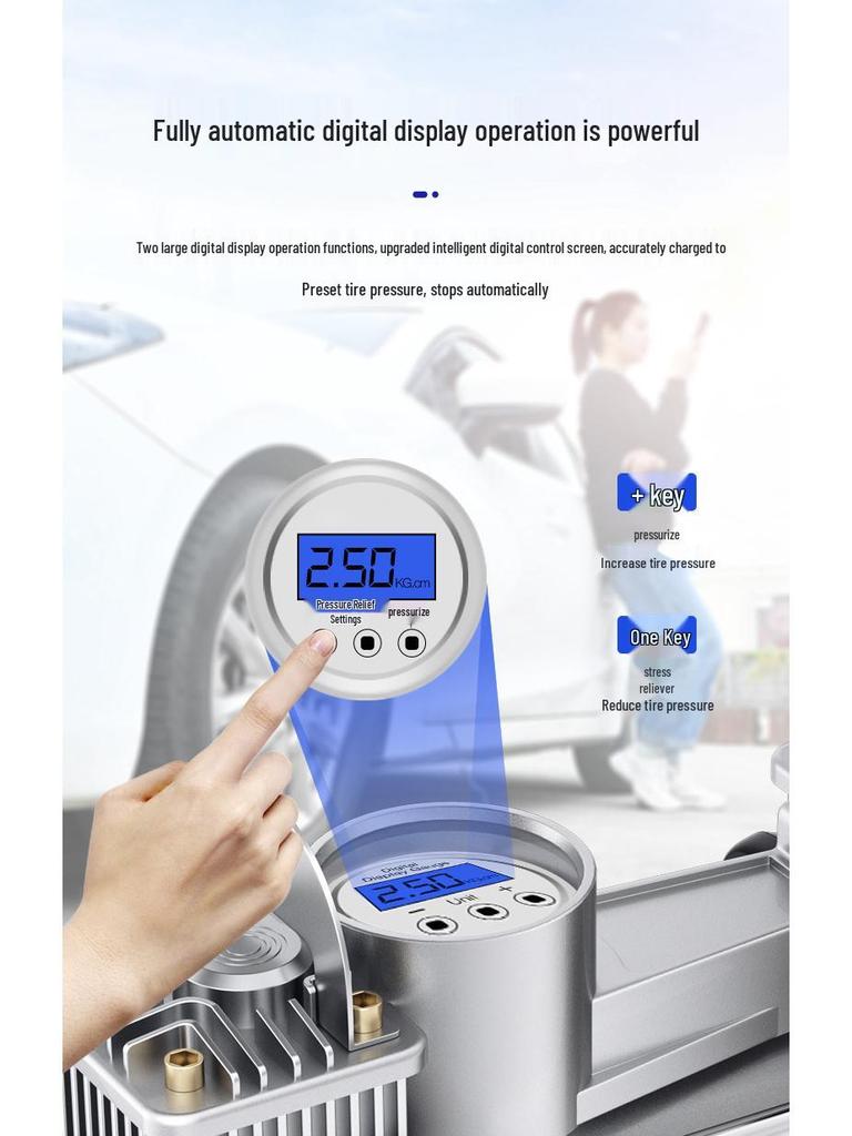 150W Dual Cylinder Car Air Pump - Automatic Stop High-Pressure Inflatable for Tires