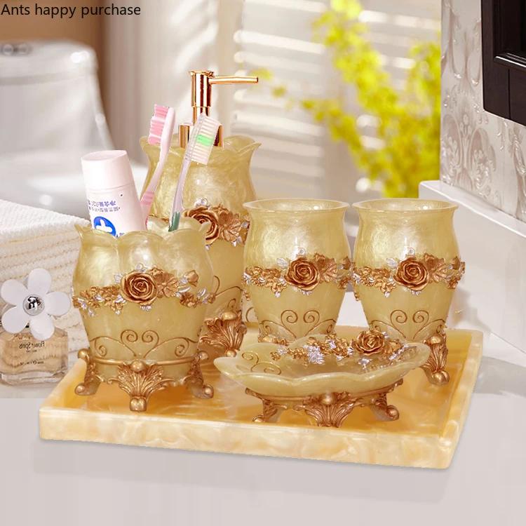 Resin Bathroom Set Toiletries Bathroom 5-piece Set with Rectangular Tray Lotion Bottle Toothbrush Holder Mouth Cup Soap Dish