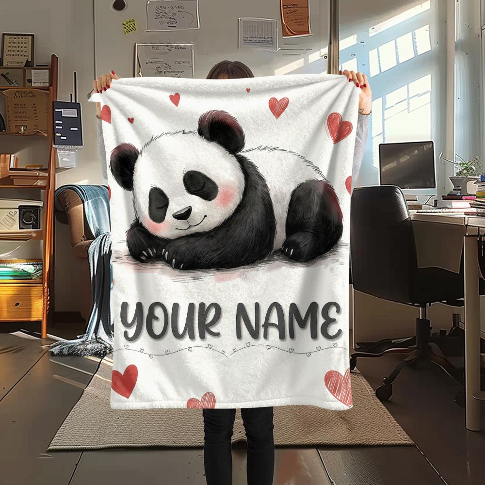 1PC Custom Name Panda Love Heart Theme Patterned Flannel Blanket Suitable For All Seasons for Home Decor Warmth and Comfort Gifts Holiday Present_lx