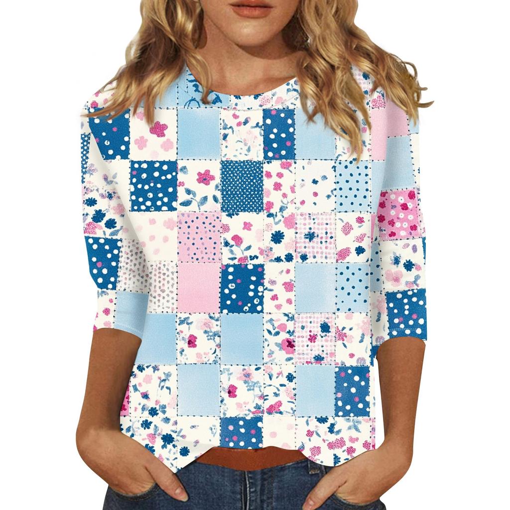 Women's Fashion Casual Three-quarter Sleeve Vintage Floral Print Round Neck Top