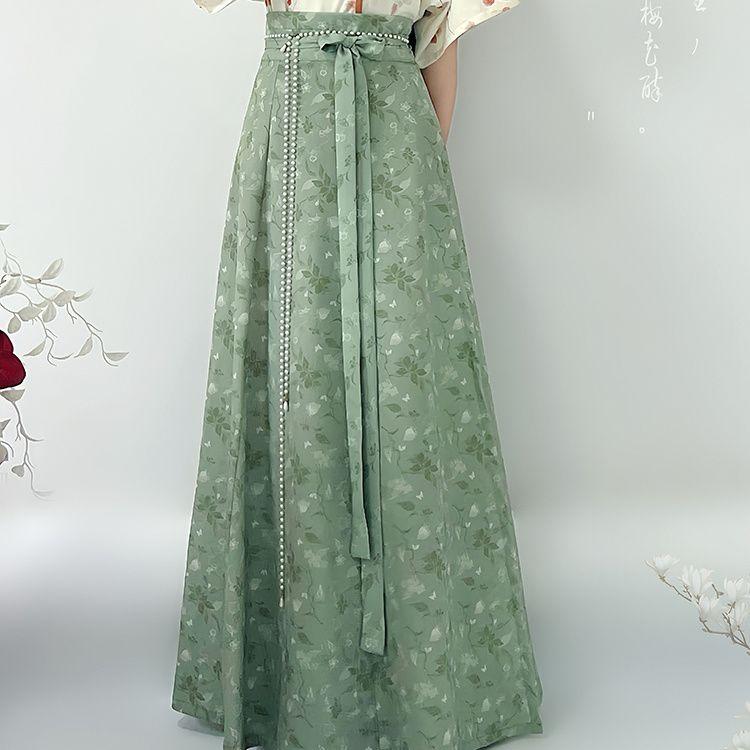 Chinese Song Dynasty Style Hanfu For Women, Printed Improved Crew Neck Shirt And One-piece Skirt Daily Suit