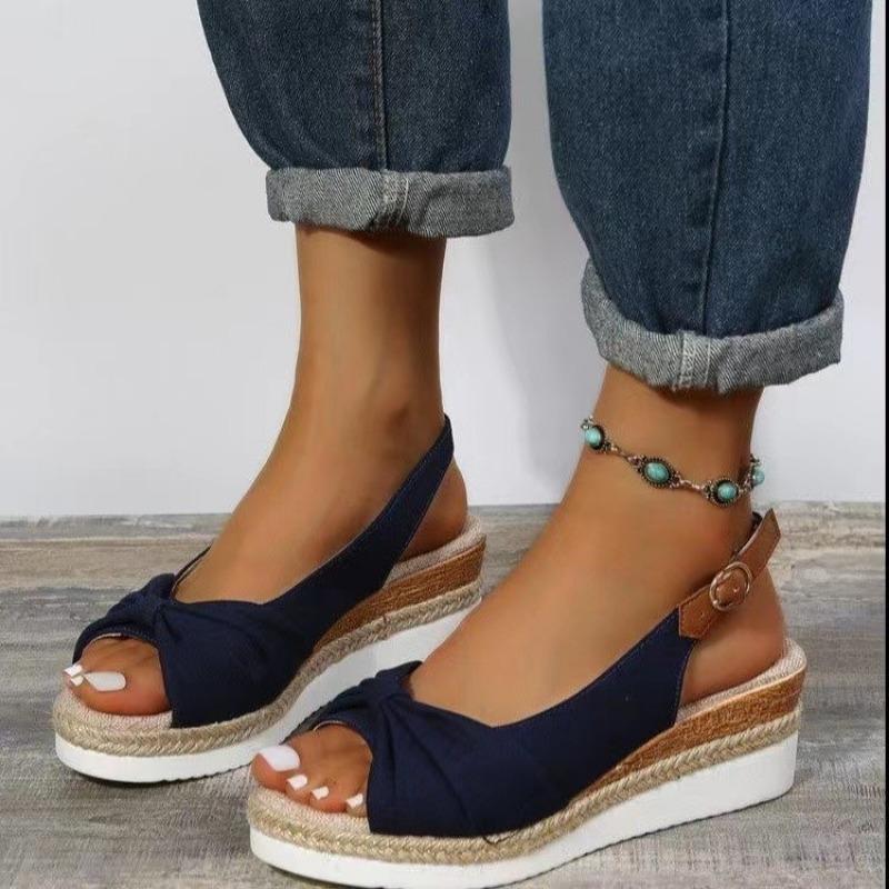 New Sandals Large Size Foreign Trade Hemp Rope Bow Wedge Casual Sandals Women's Shoes
