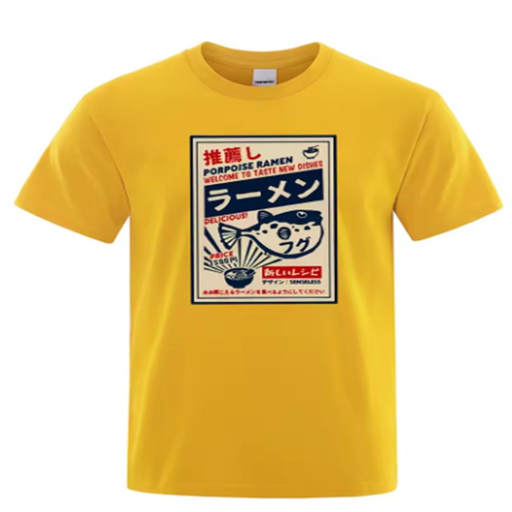 Summer men's pure cotton T-shirt Japanese menu poster T-shirt Puffer Fish Ramen Casual men's and women's sportswear comfortable