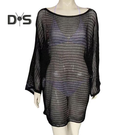 Women Cover Up Dress Batwing Long Sleeve See-through Hollow Mesh Bikini Cover Up Quick-Drying Breathable Beachwear