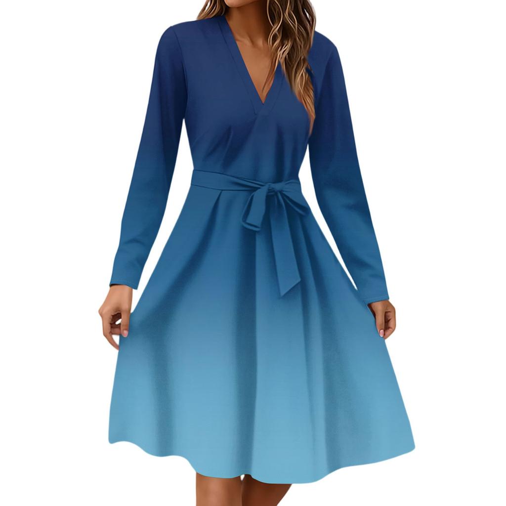 Women's Fashion Casual V-Neck Long Sleeve Waist Floral Print Midi Dress